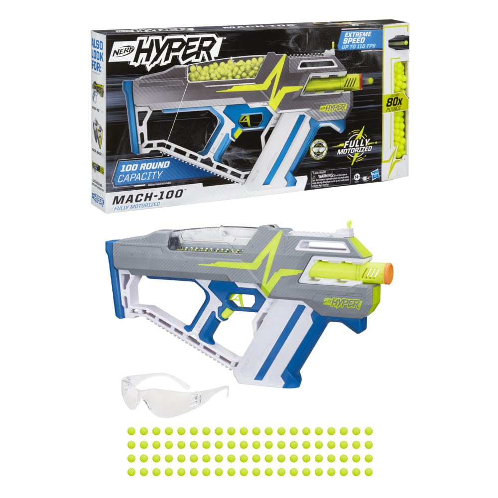 Nerf Hyper Mach-100 blaster front view highlighting rapid-fire capability