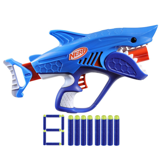 Nerf Junior Wild Sharkfire blaster front view for quick backyard battles.