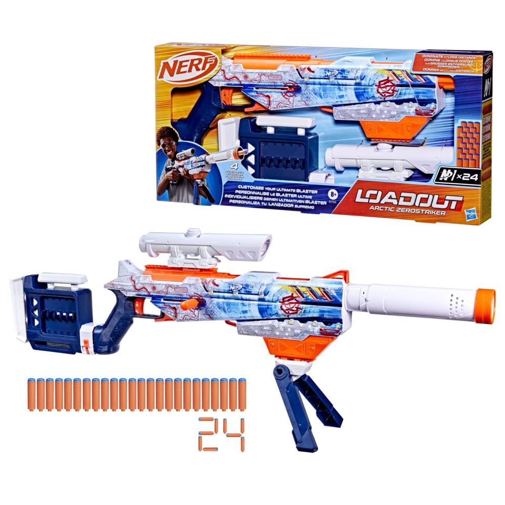 Nerf Loadout Arctic Zerostriker blaster with scope for precise aiming.