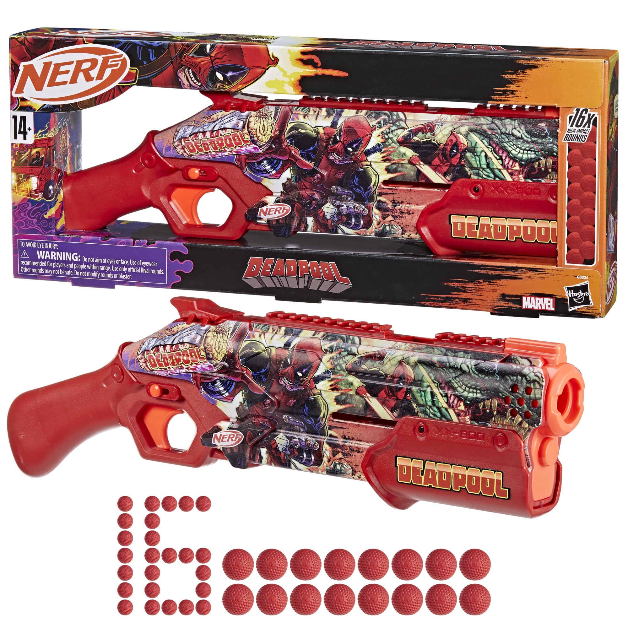 Nerf Marvel Deadpool blaster shown in action with vivid colors