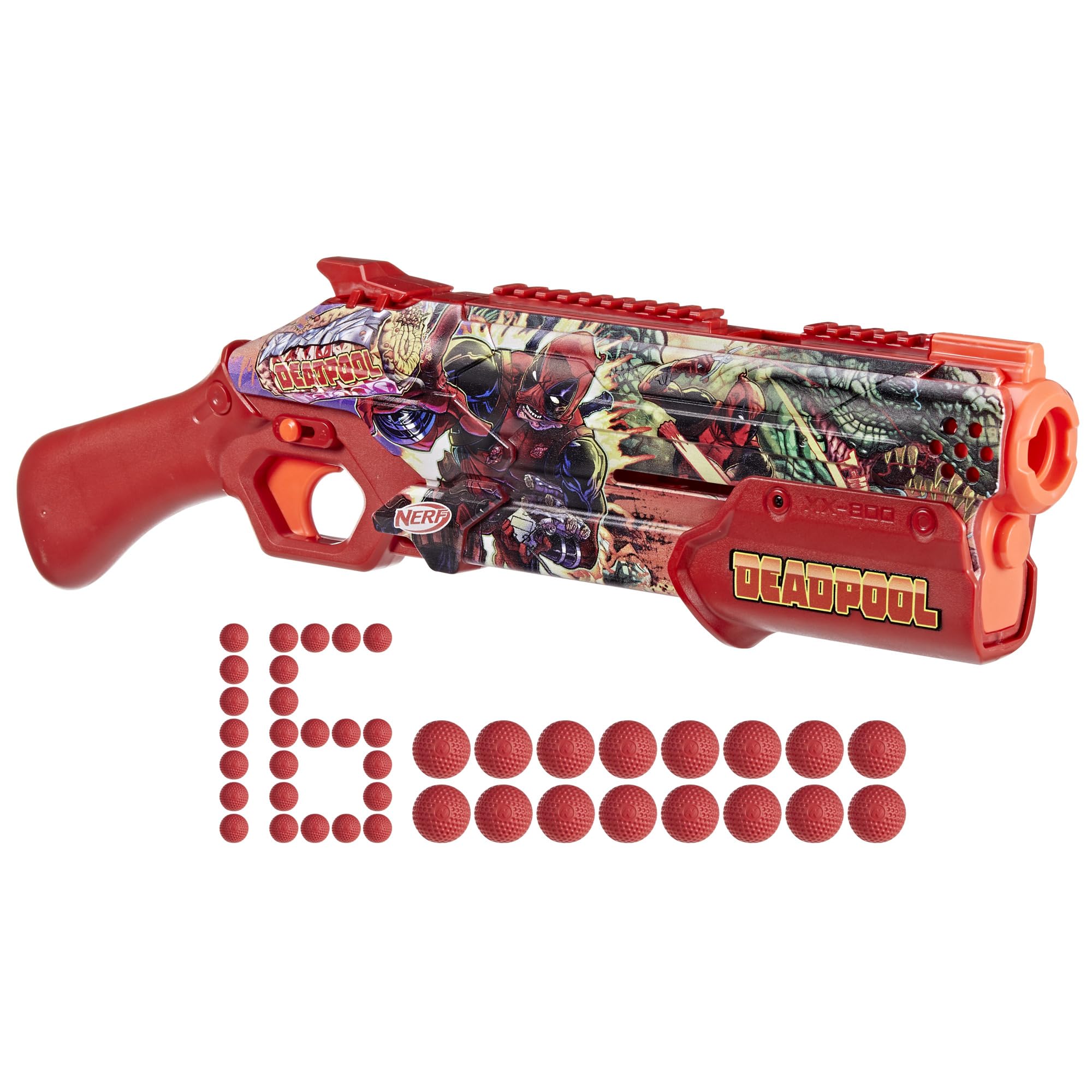 Nerf Marvel Deadpool blaster side design highlights bold Deadpool artwork for display and play