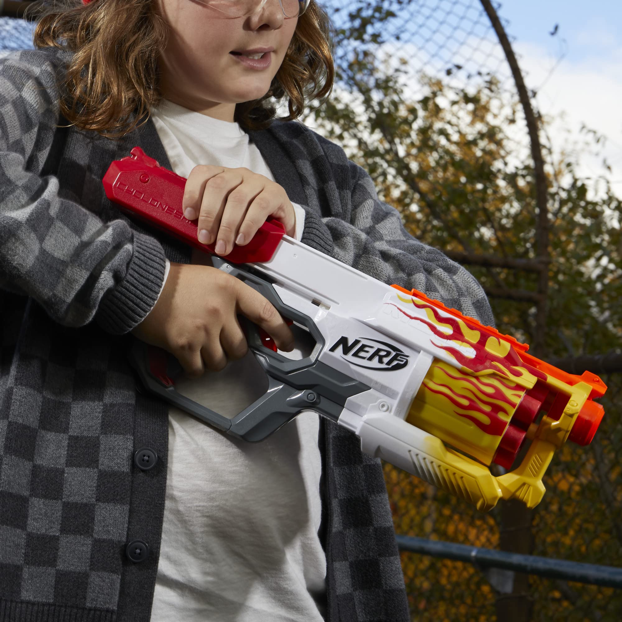 Nerf Mega CycloneShock Hotrod drum front highlights rapid six-dart blasting.