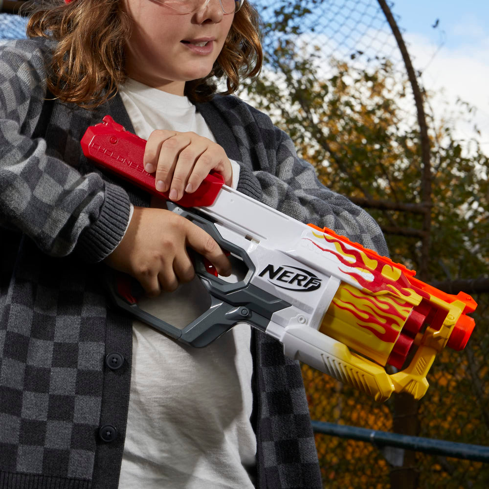 Nerf Mega CycloneShock Hotrod drum front highlights rapid six-dart blasting.