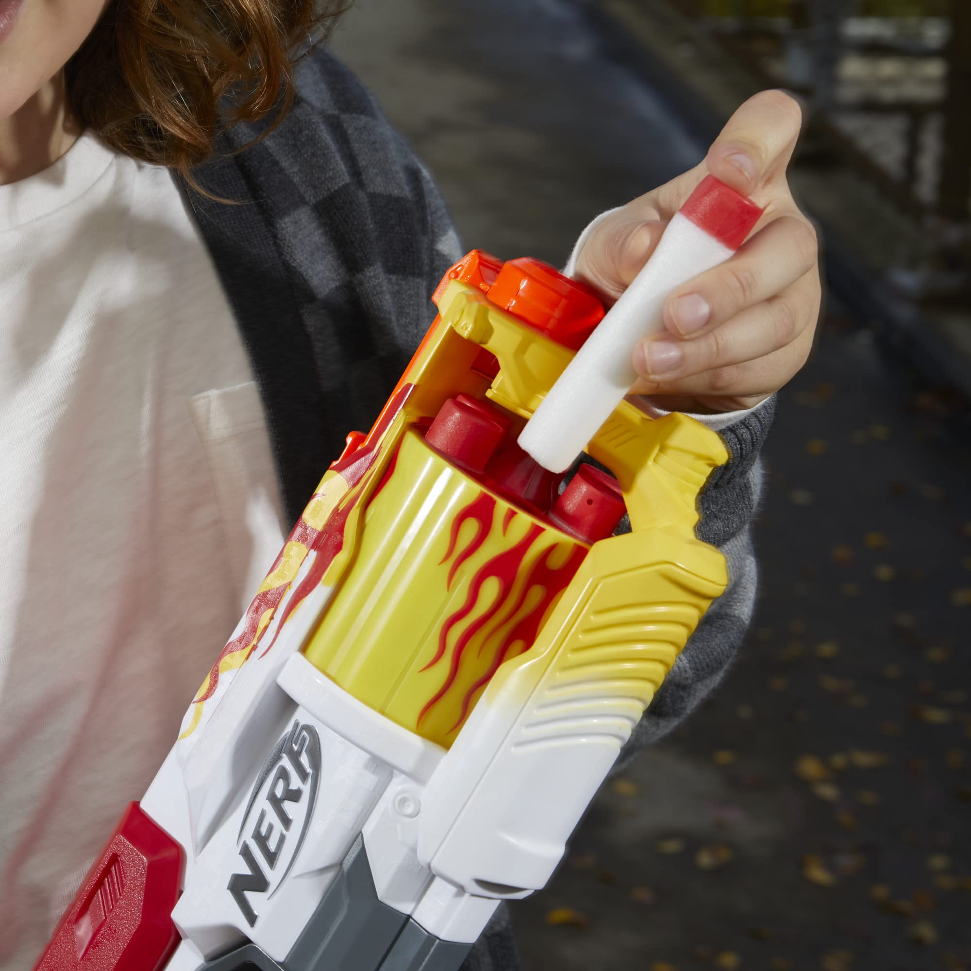 Nerf Mega CycloneShock Hotrod side view showing vibrant flame detail.