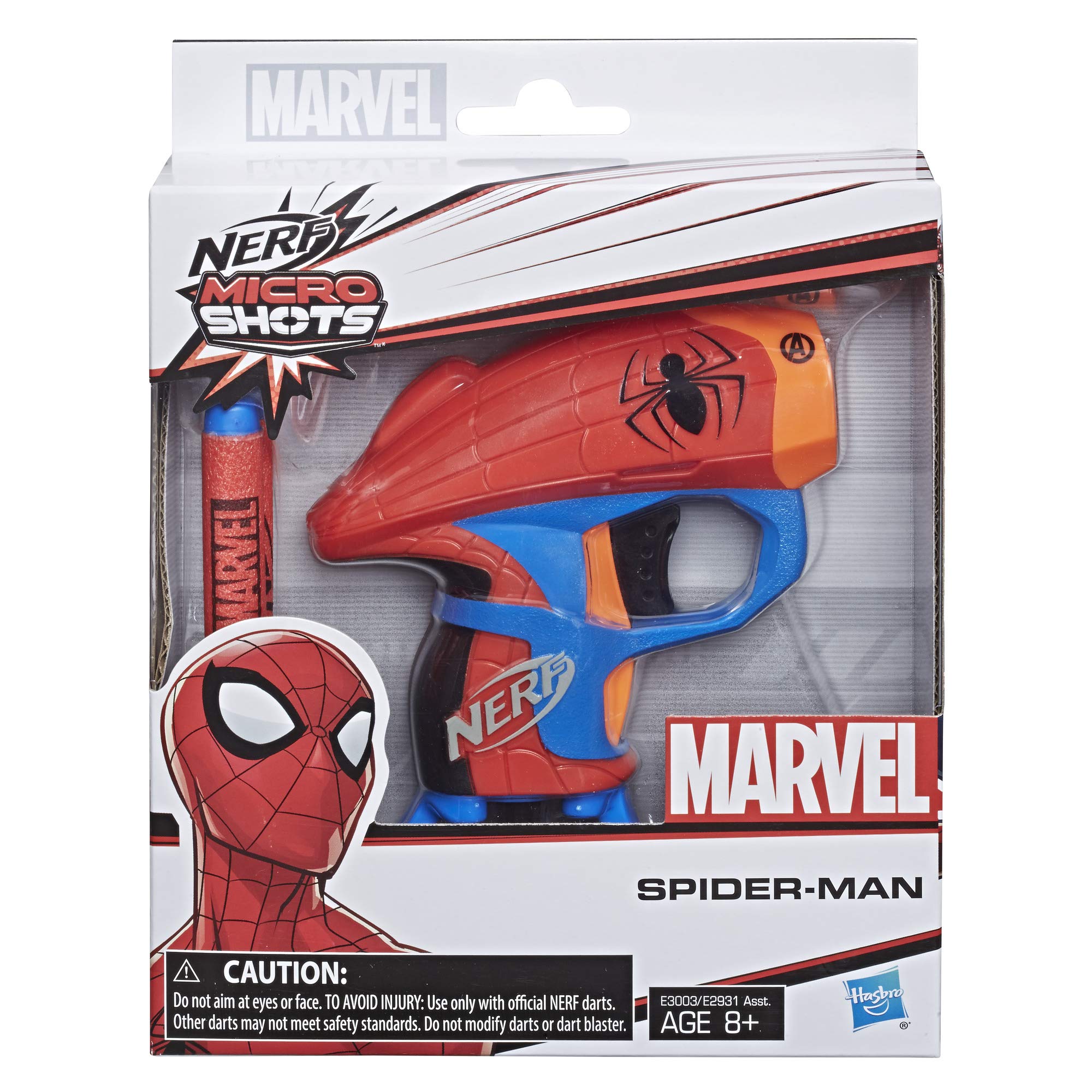 Nerf MicroShots Marvel Spider-Man blaster with darts included for collectible battles.