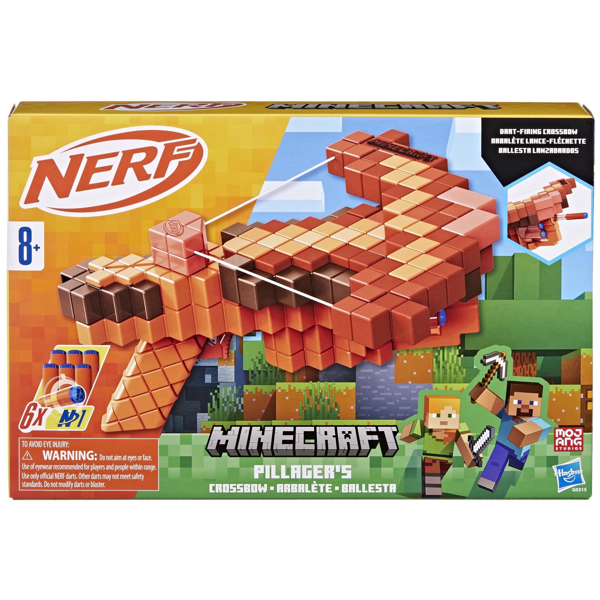 Nerf Minecraft Pillager's Crossbow showing a 6-dart capacity for fast follow-ups