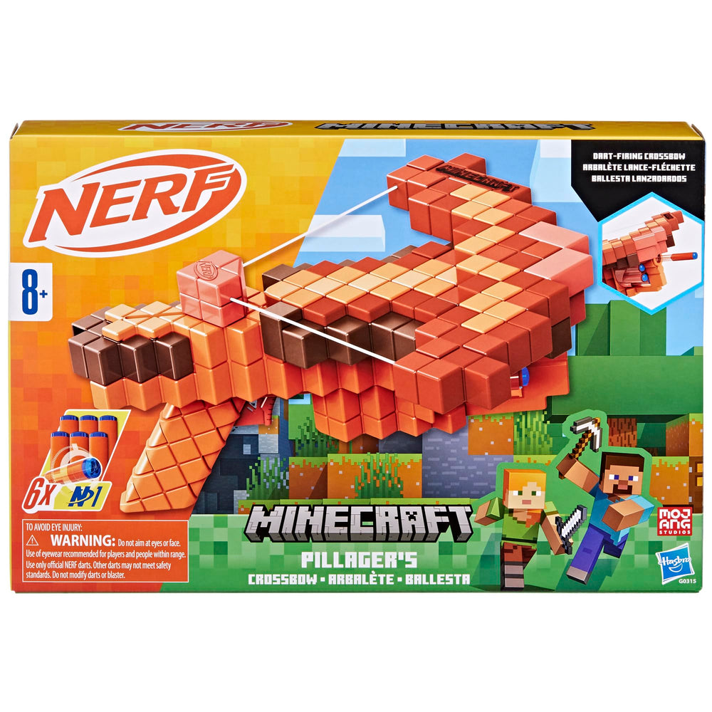 Nerf Minecraft Pillager's Crossbow showing a 6-dart capacity for fast follow-ups
