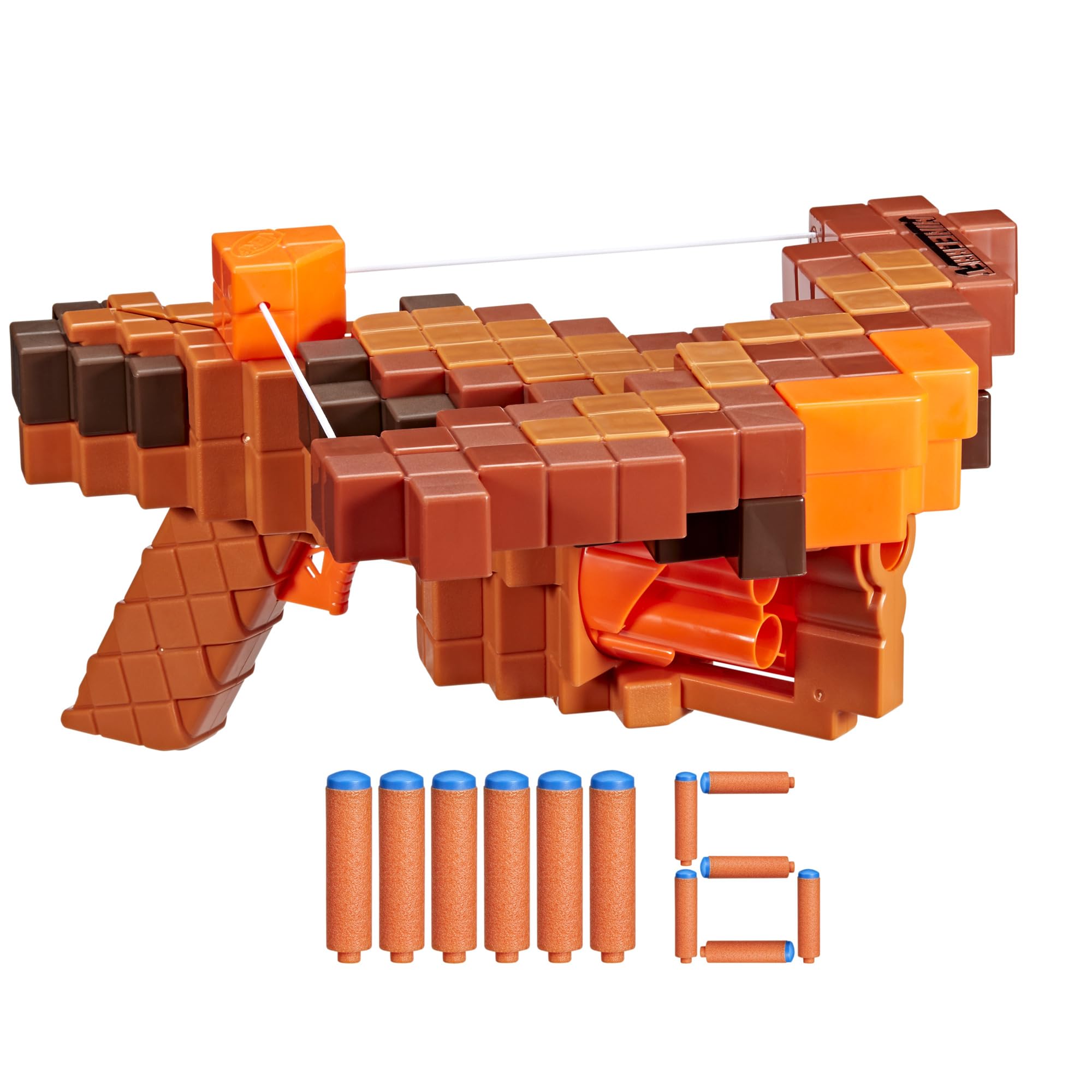 Nerf Minecraft Pillager's Crossbow in action firing foam darts for quick, accurate play