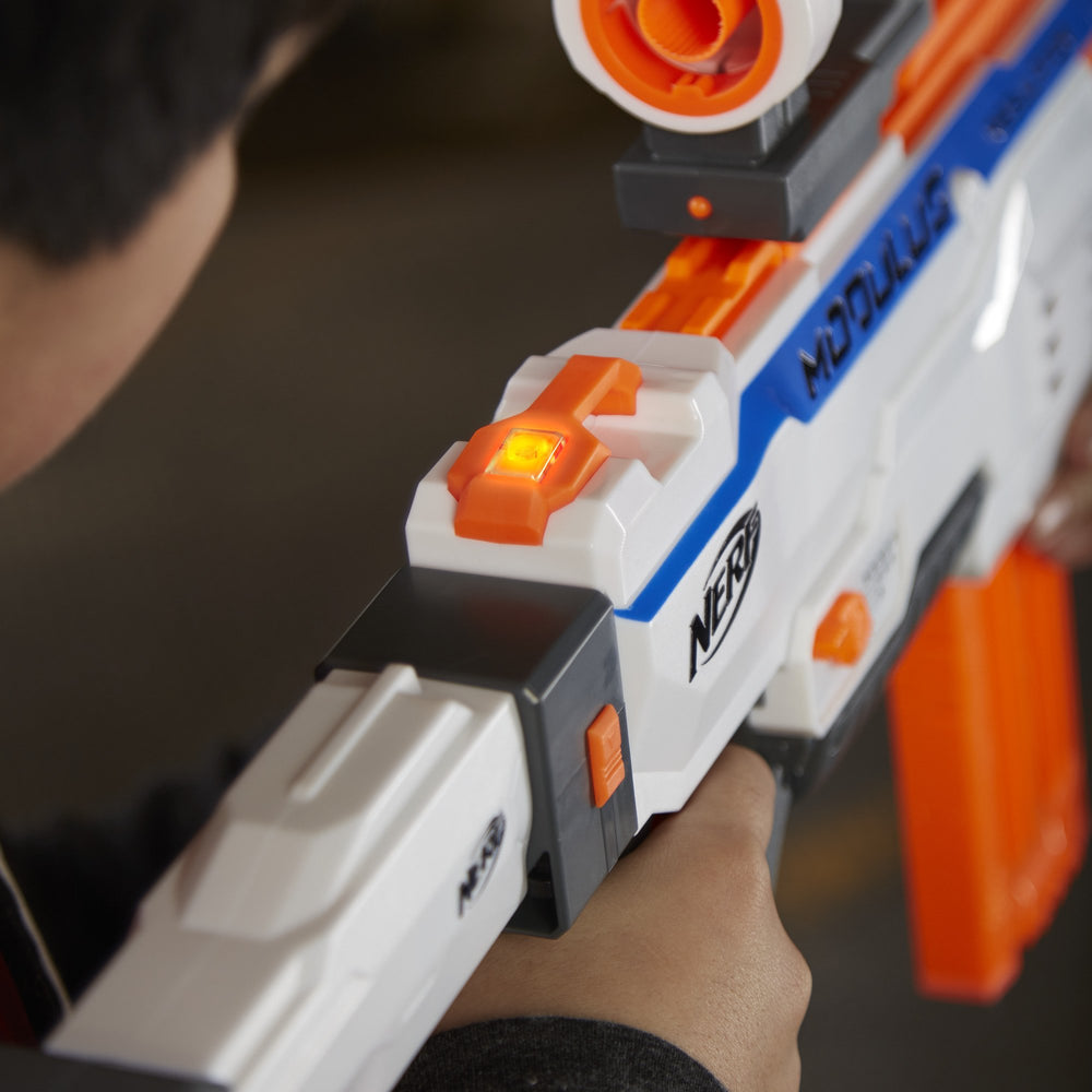 NERF Modulus Regulator barrel-scopes attached as extensions for improved aiming.