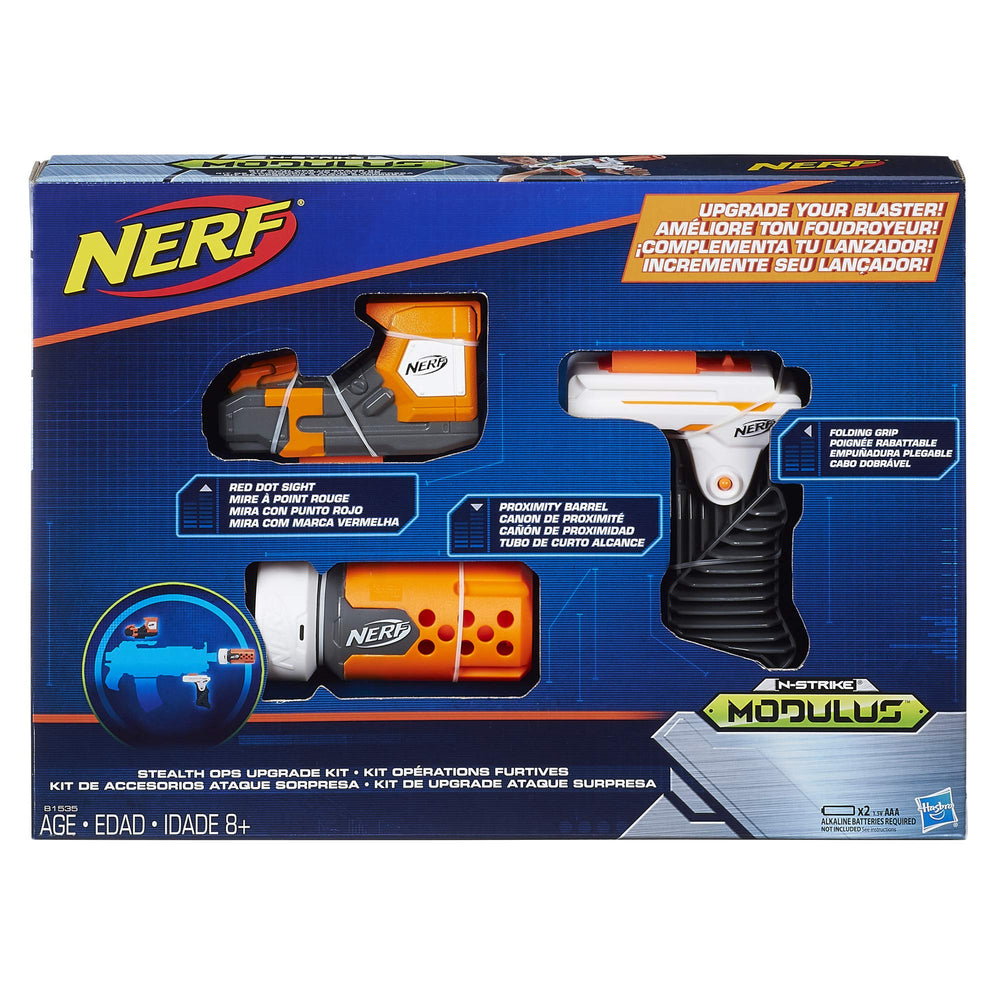 Nerf Modulus Stealth Upgrade Kit with attachments enhancing versatility during play.