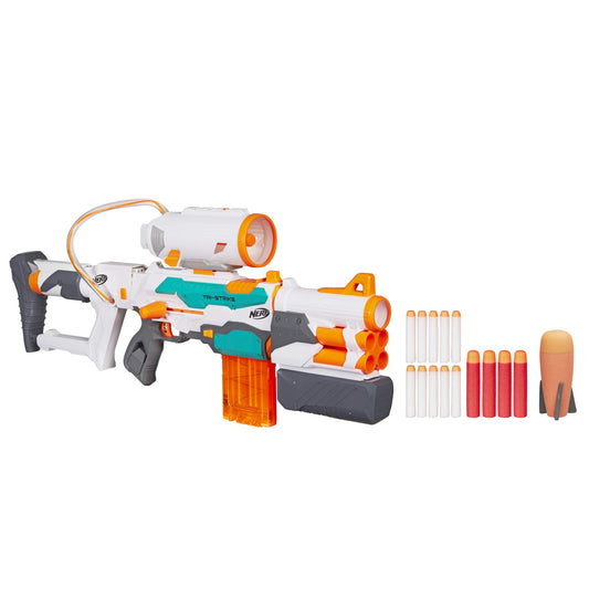 Nerf Modulus Tri-Strike blaster assembled for versatile three-way play outdoors.