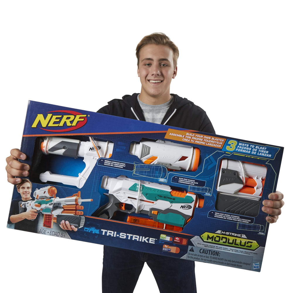 Nerf Modulus Tri-Strike rocket-launcher-parts shown for a separate launcher setup.
