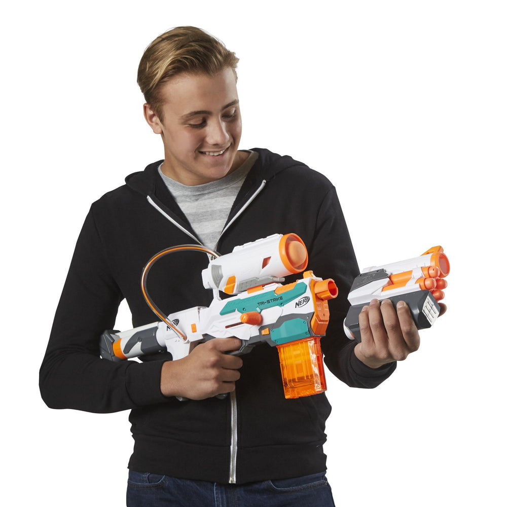 Nerf Modulus Tri-Strike stock-attachment enables steadier shots.
