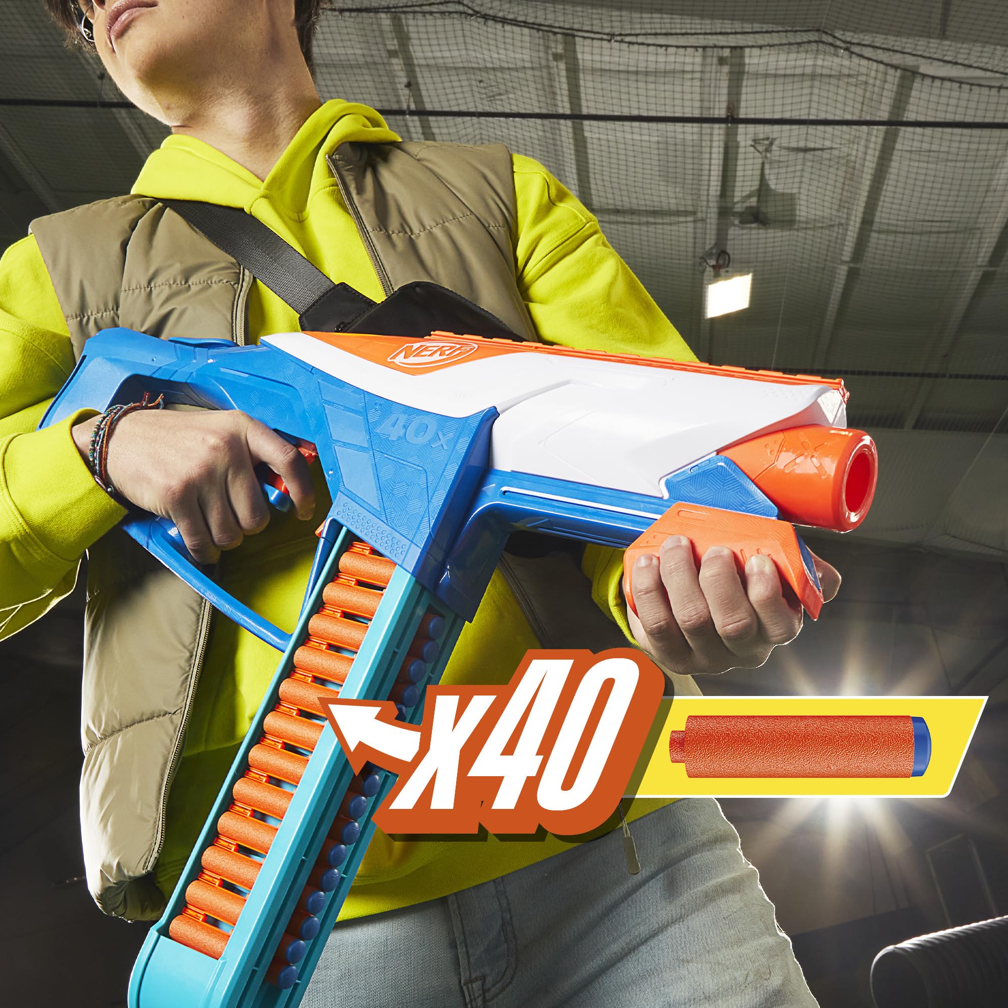Nerf N Series Infinite Blaster's 16-dart belt storage keeps reloads nearby.