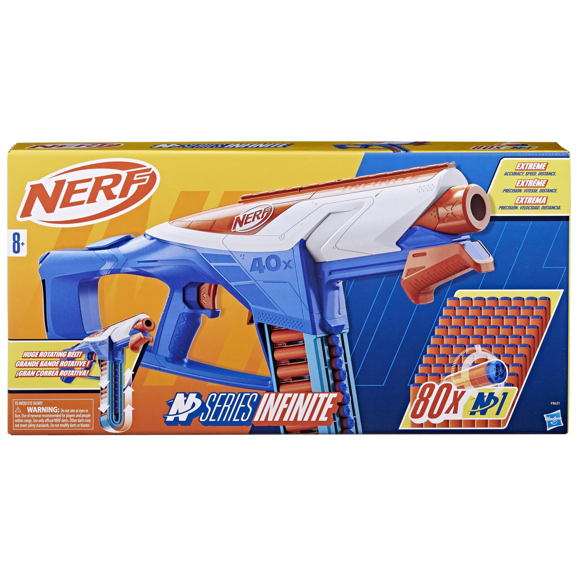 Nerf N Series Infinite Blaster with 40-dart belt enables nonstop action.