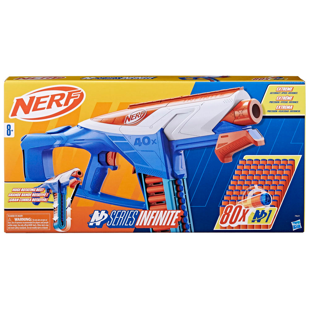 Nerf N Series Infinite Blaster with 40-dart belt enables nonstop action.