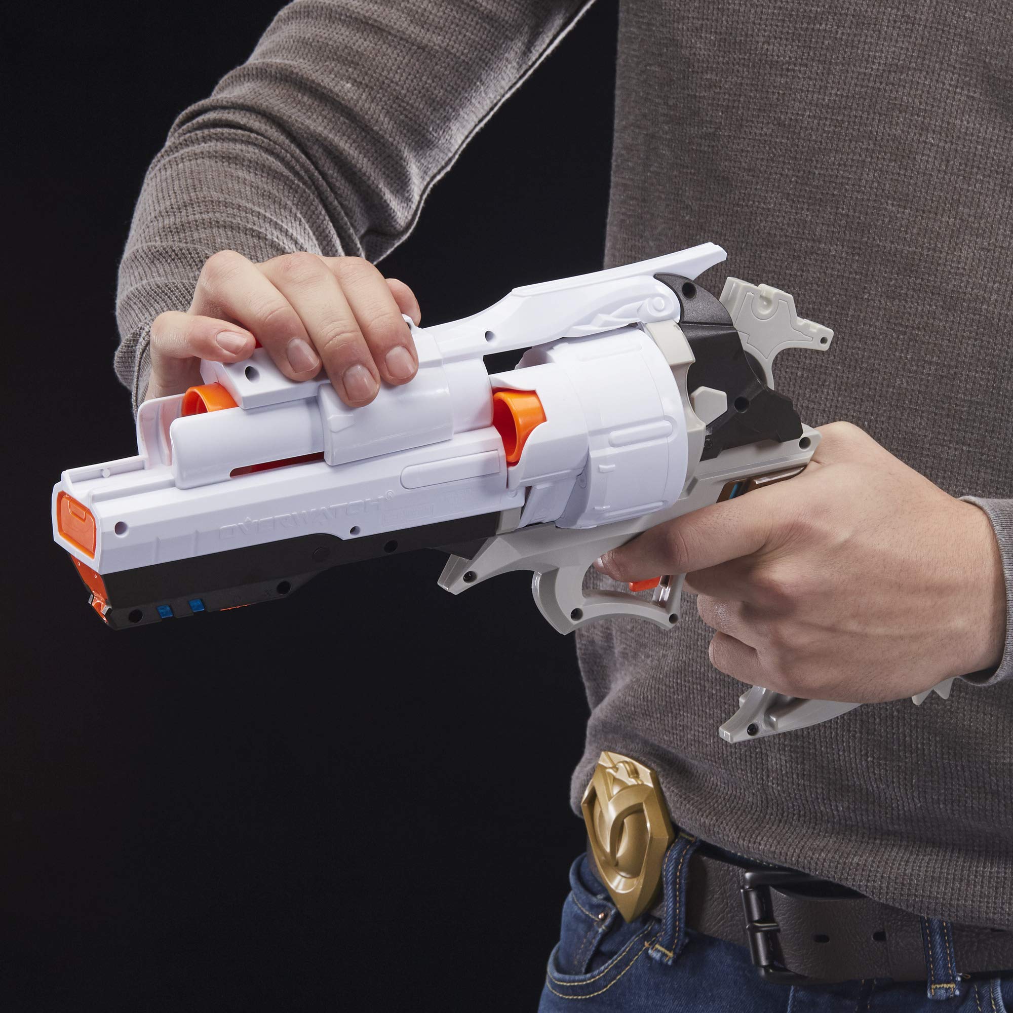 Nerf Overwatch McCree blaster includes a trigger lock for safe storage