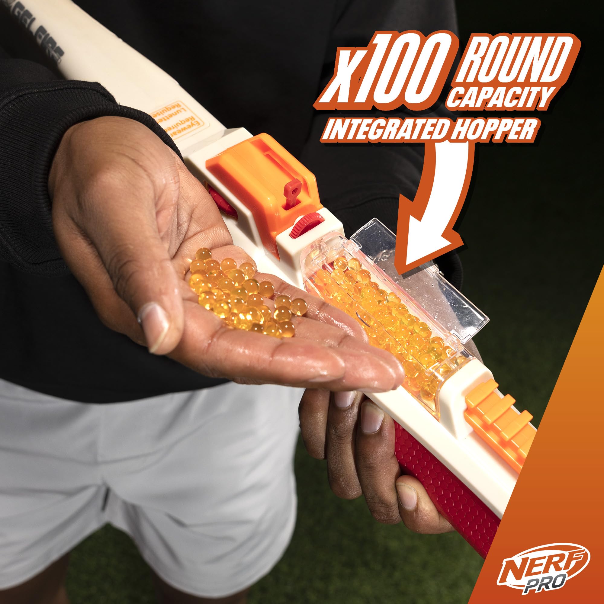 Integrated hopper holds 100 rounds for continuous bursts