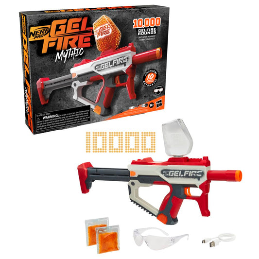 Nerf Pro Gelfire Mythic blaster close-up showing durable build for outdoor battles.
