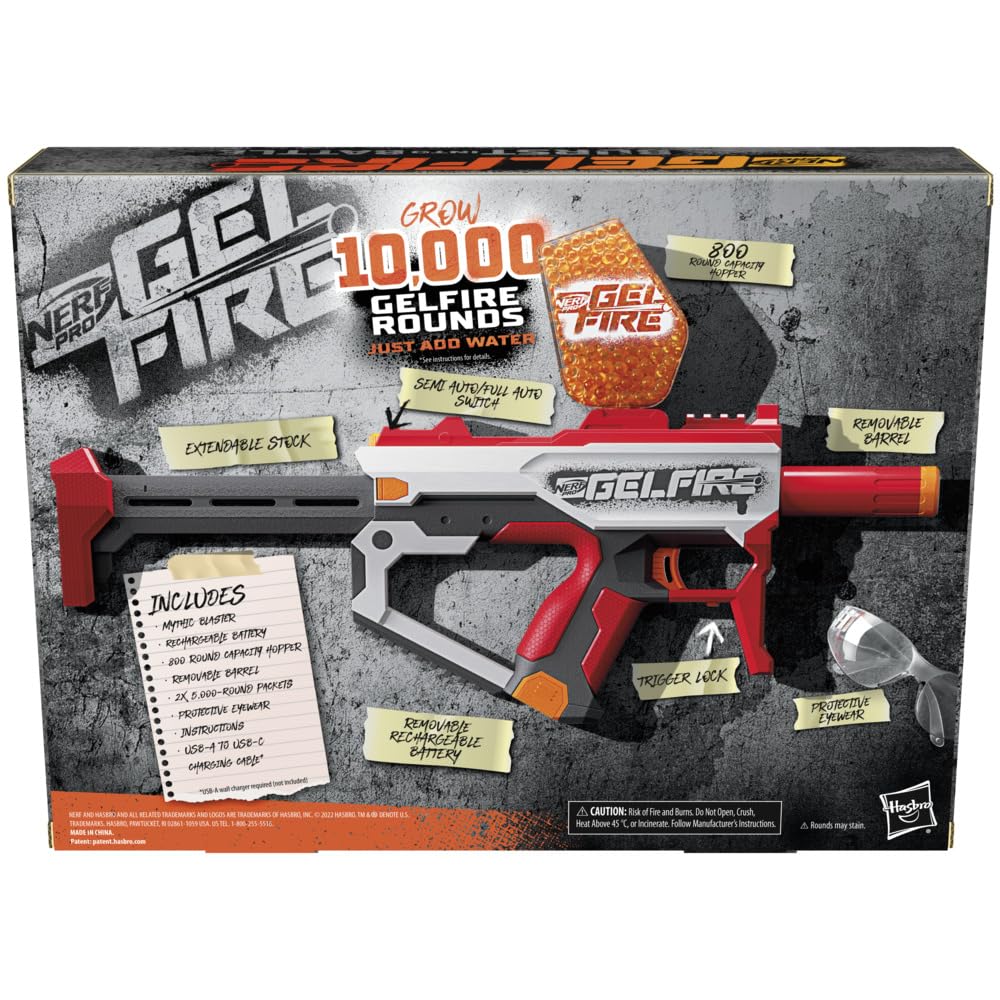 Nerf Pro Gelfire protective eyewear and rechargeable battery with USB-C cable included.