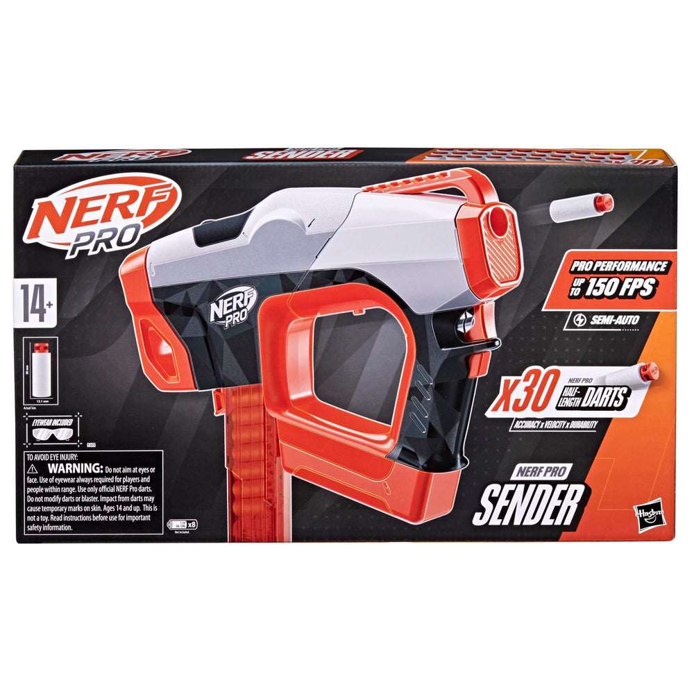 Nerf Pro Sender side view highlights semi-automatic blasting for rapid action.