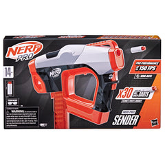 Nerf Pro Sender side view highlights semi-automatic blasting for rapid action.