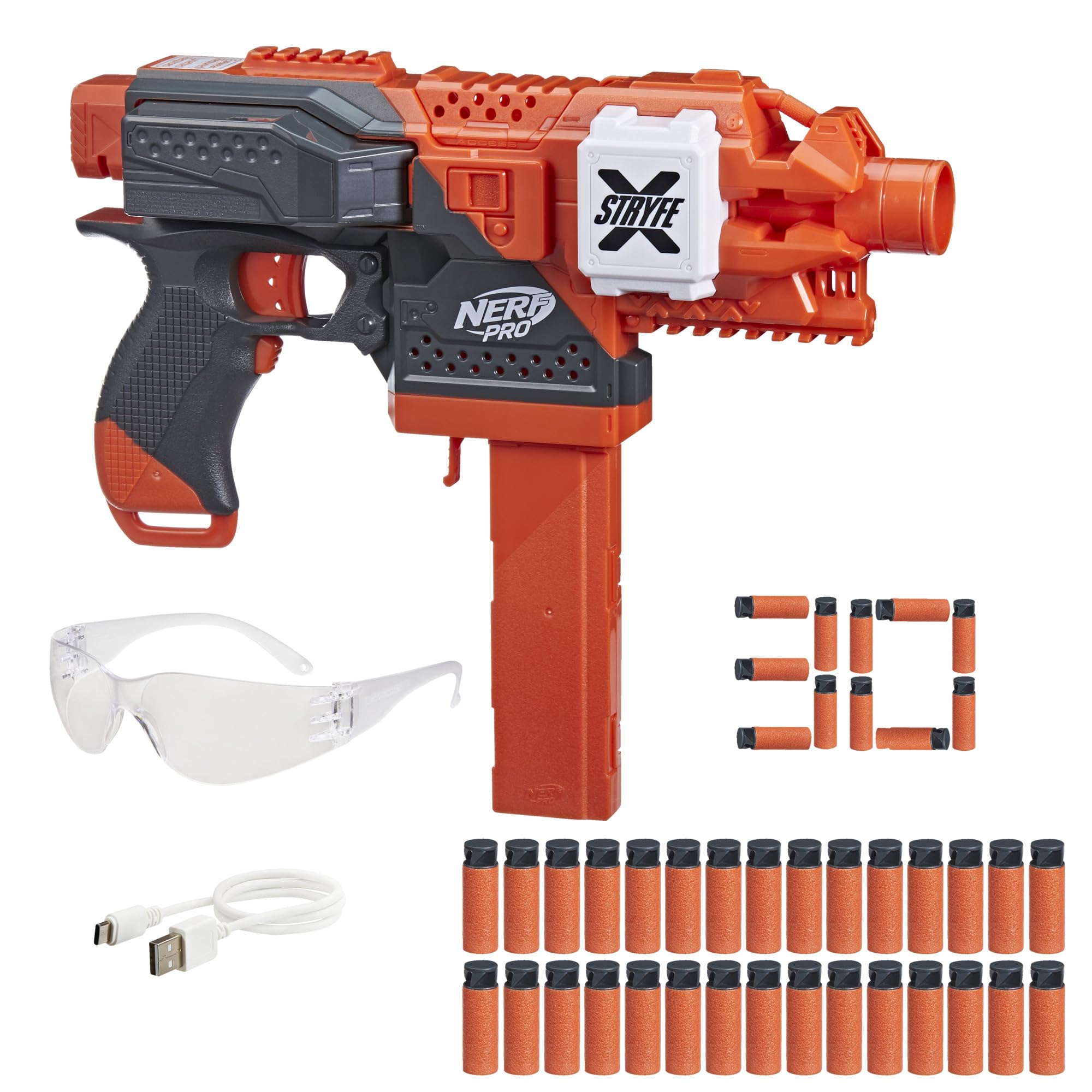 Nerf Pro Stryfe X front view showing a compact, tournament-ready blaster