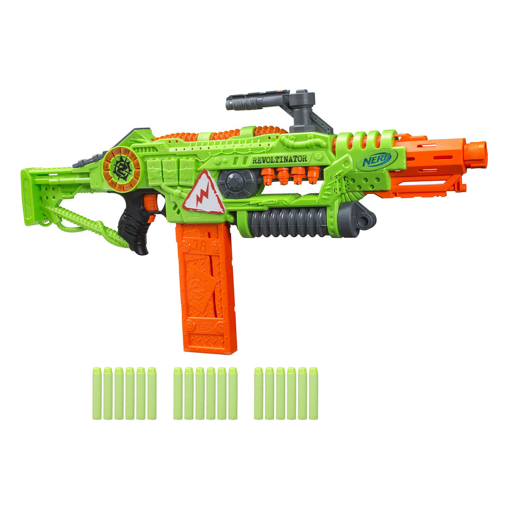 Nerf Revoltinator zombie strike blaster with lights on for backyard battles