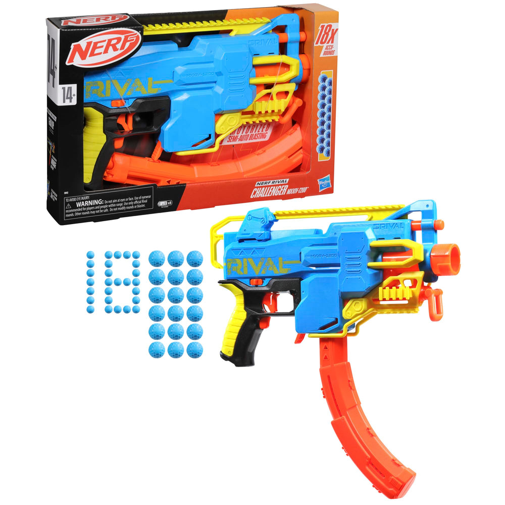 Nerf Rival Challenger MXXIV-1200 rev trigger action during motorized blasting