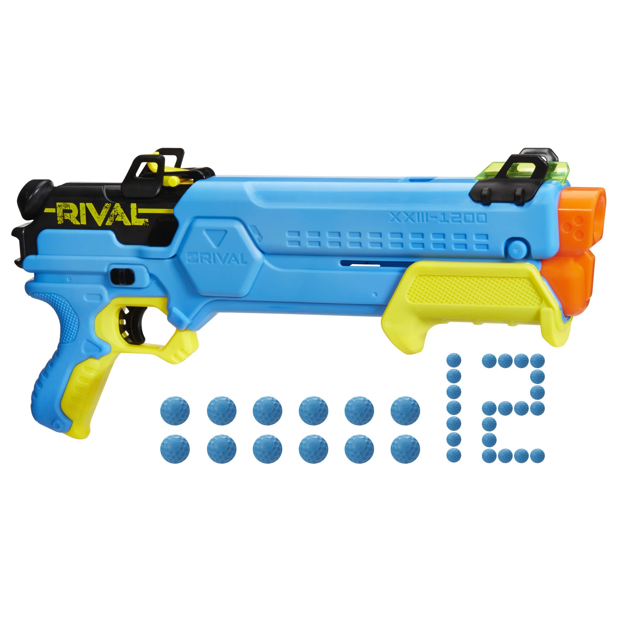 Nerf Rival Forerunner XXIII-1200 front view shows breech-load design for quick reloads.