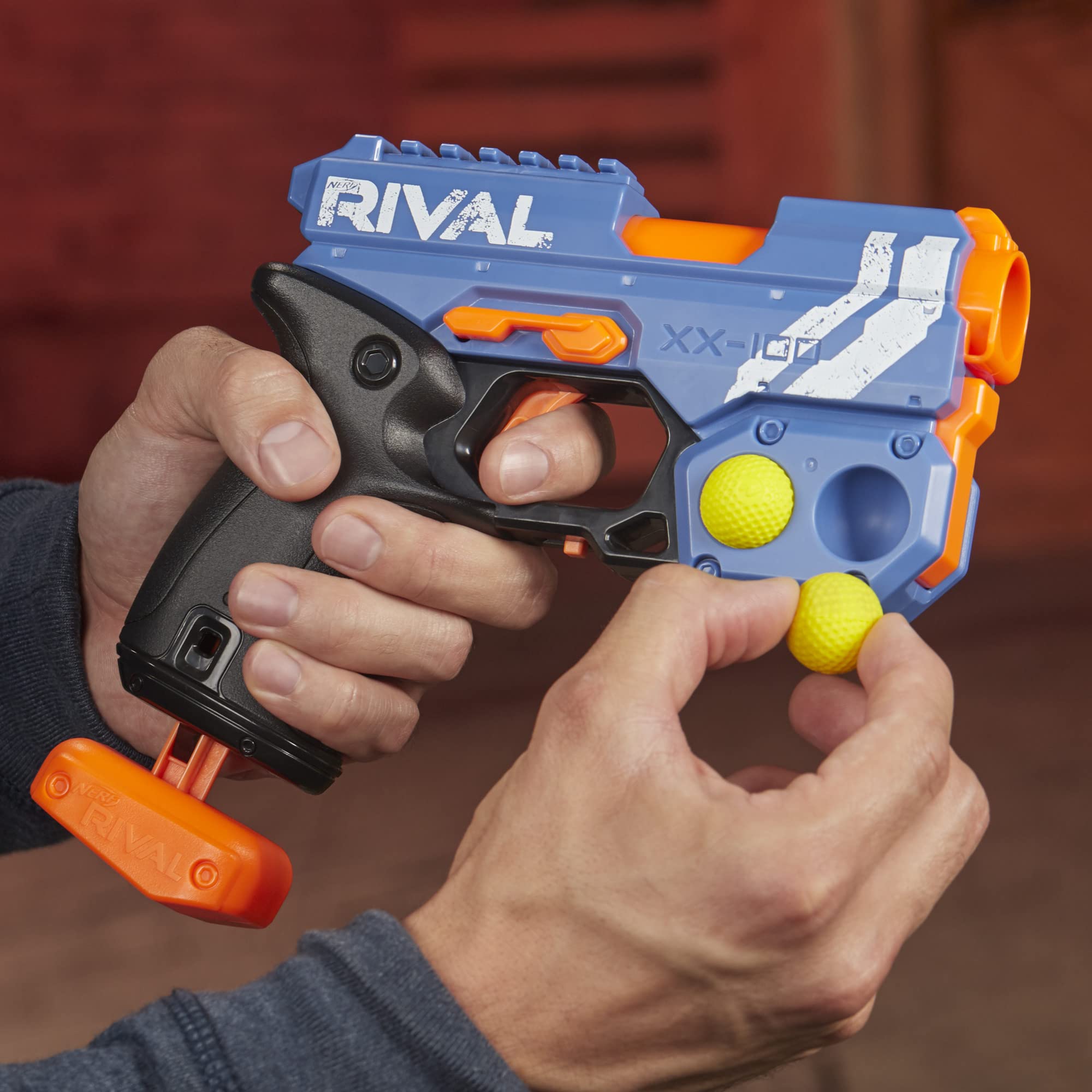 Nerf Rival Knockout XX-100 blue team edition ready for team battles.