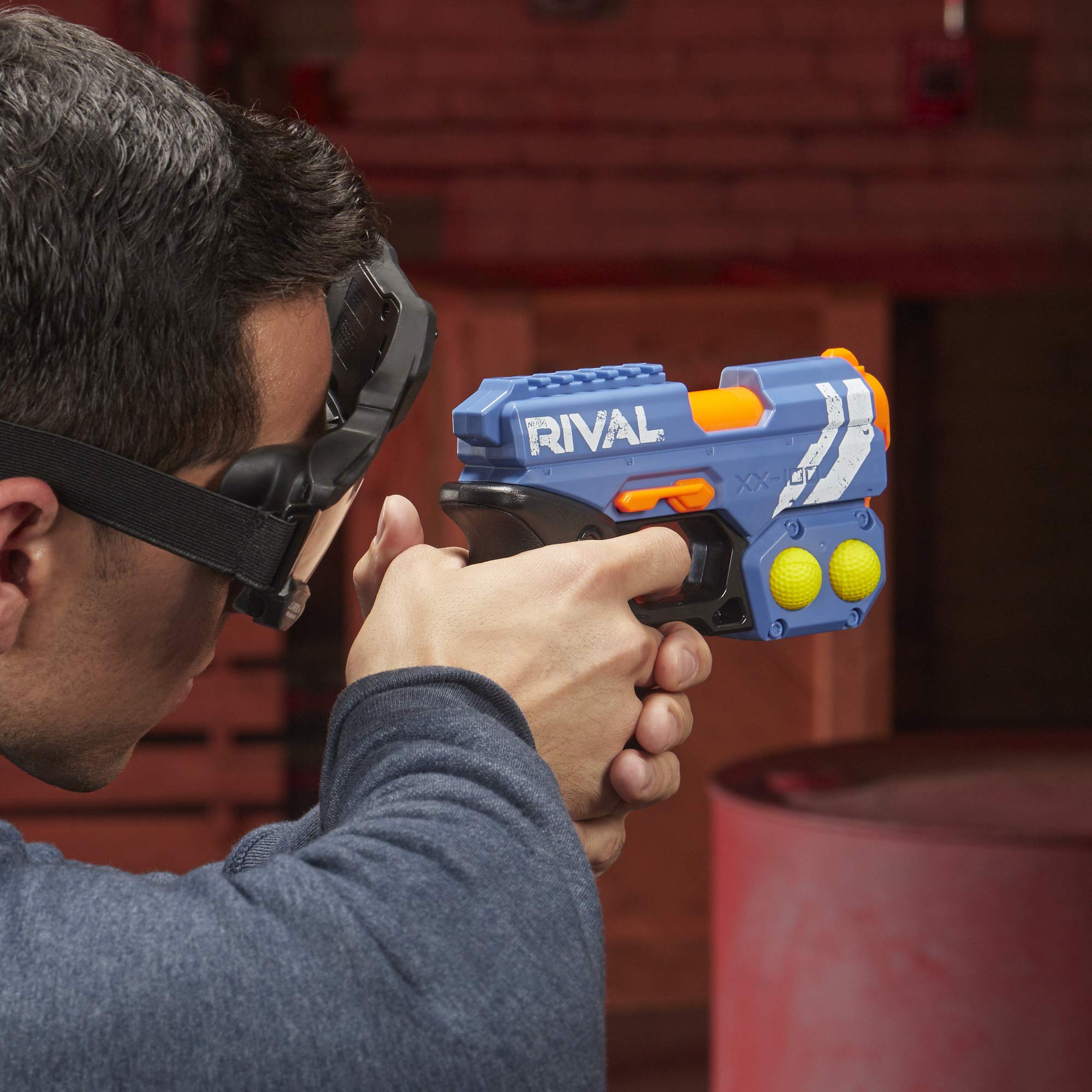 Nerf Rival Knockout XX-100 eye protection recommended for safe Nerf play.