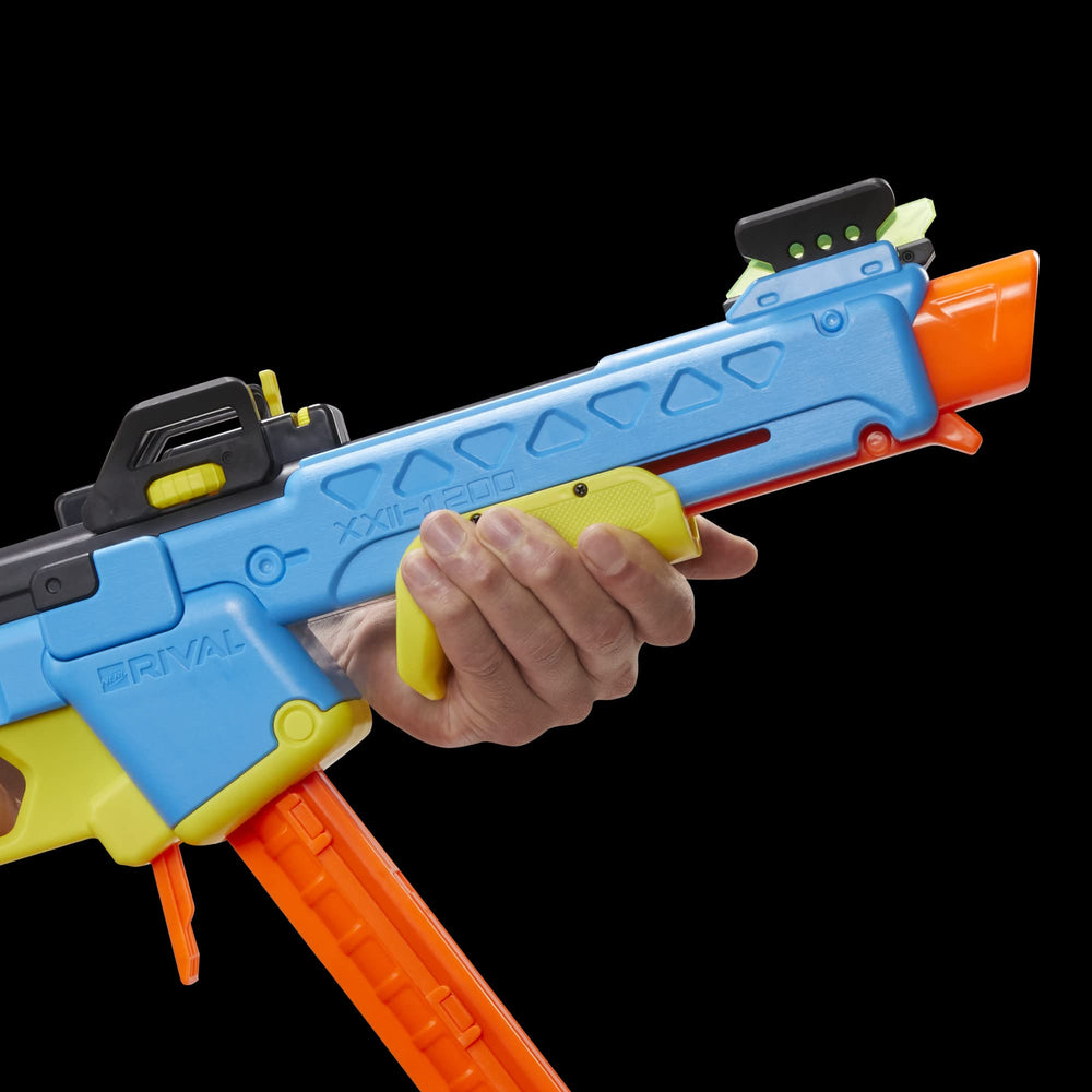 Nerf Rival Pathfinder XXII-1200 edge-glow front sight improves visibility.