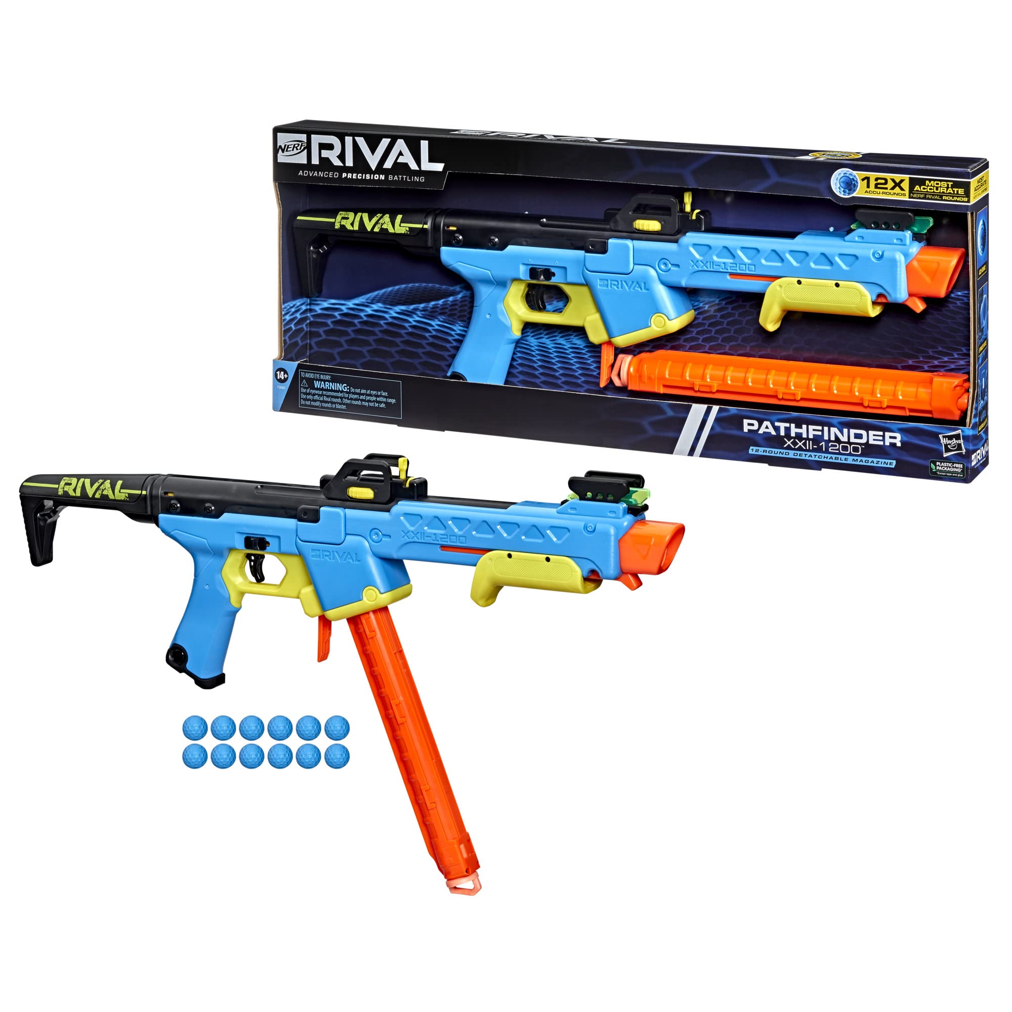 Nerf Rival Pathfinder XXII-1200 magazine speed release enables rapid reloads.