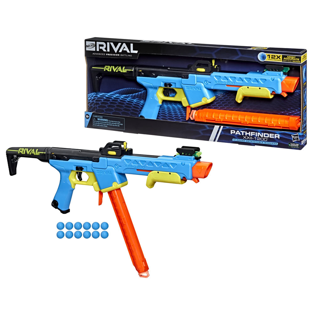 Nerf Rival Pathfinder XXII-1200 magazine speed release enables rapid reloads.
