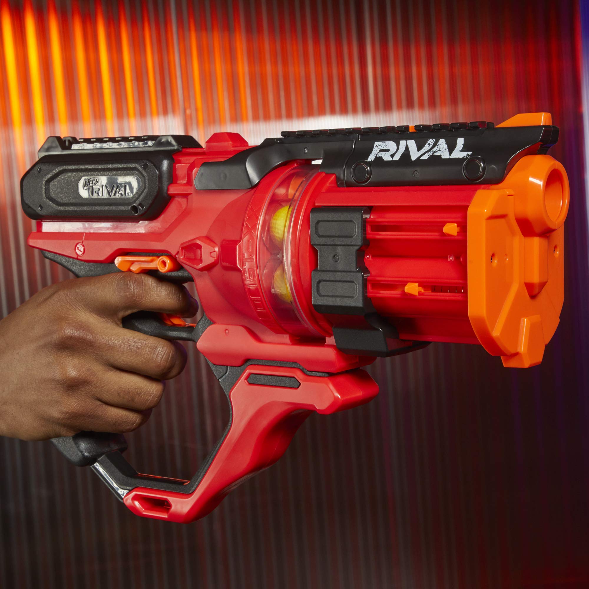 Nerf Rival Roundhouse XX-1500 rotating chamber ready rounds visible.