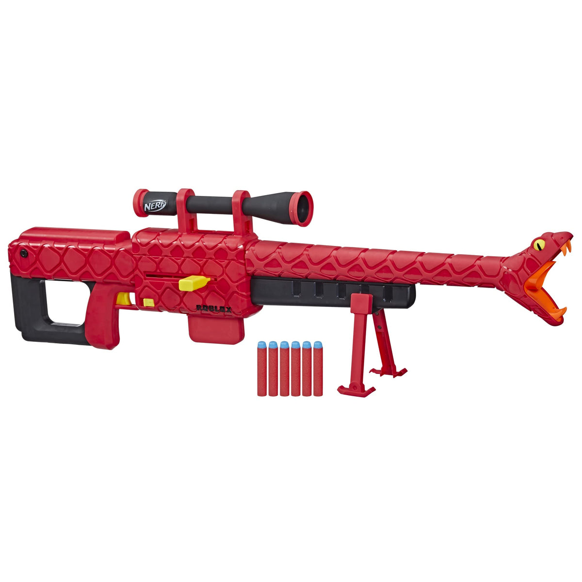 NERF Roblox Viper Strike blaster with scope offering precise aiming for battles.