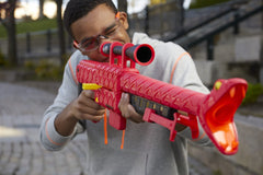 Folding bipod stabilizes aim for steady play indoors or outdoors.
