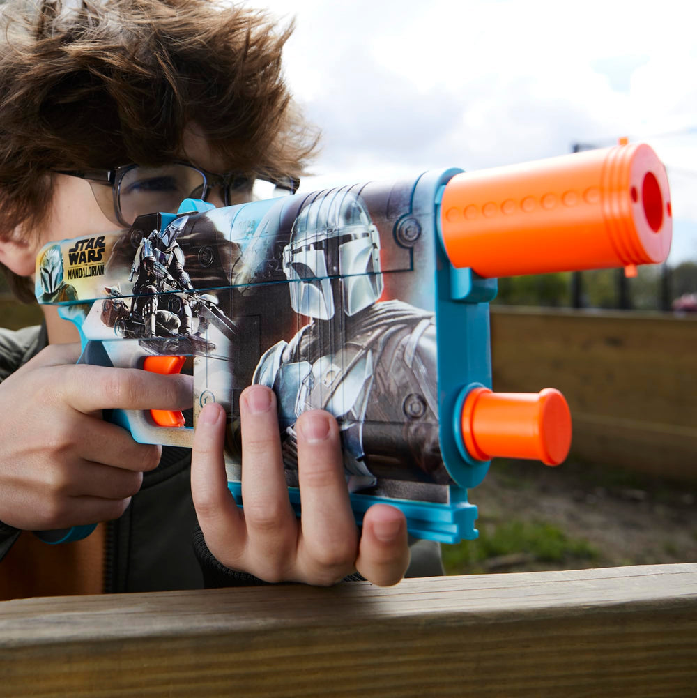 Nerf Star Wars Mandalorian blaster with tactical rail for accessories