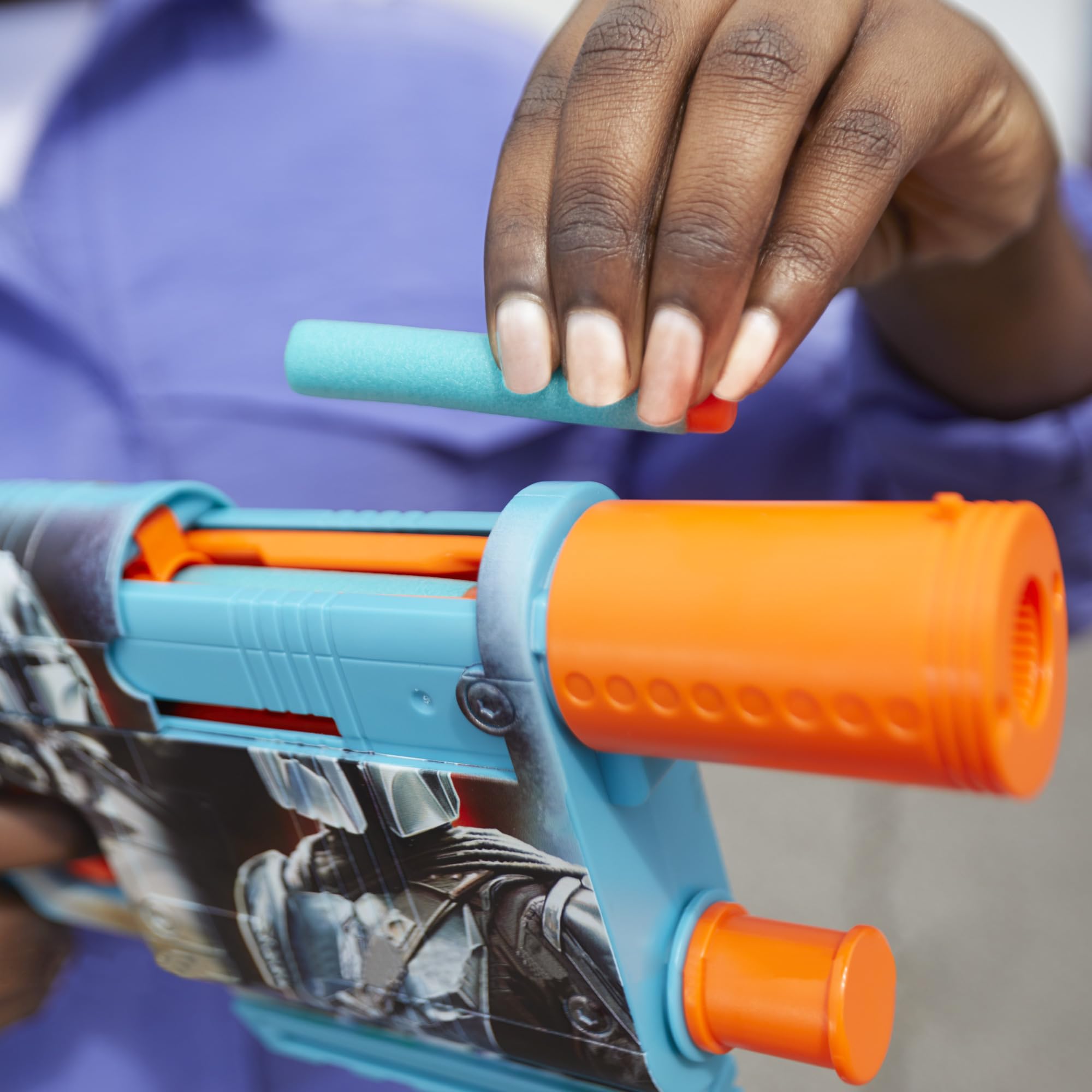 Nerf Star Wars Mandalorian blaster top priming shows easy reload action