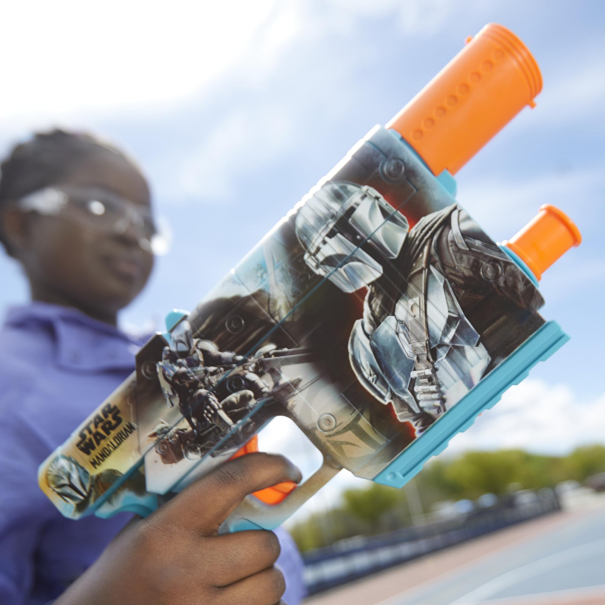 Nerf Star Wars Mandalorian blaster in a collector’s pose