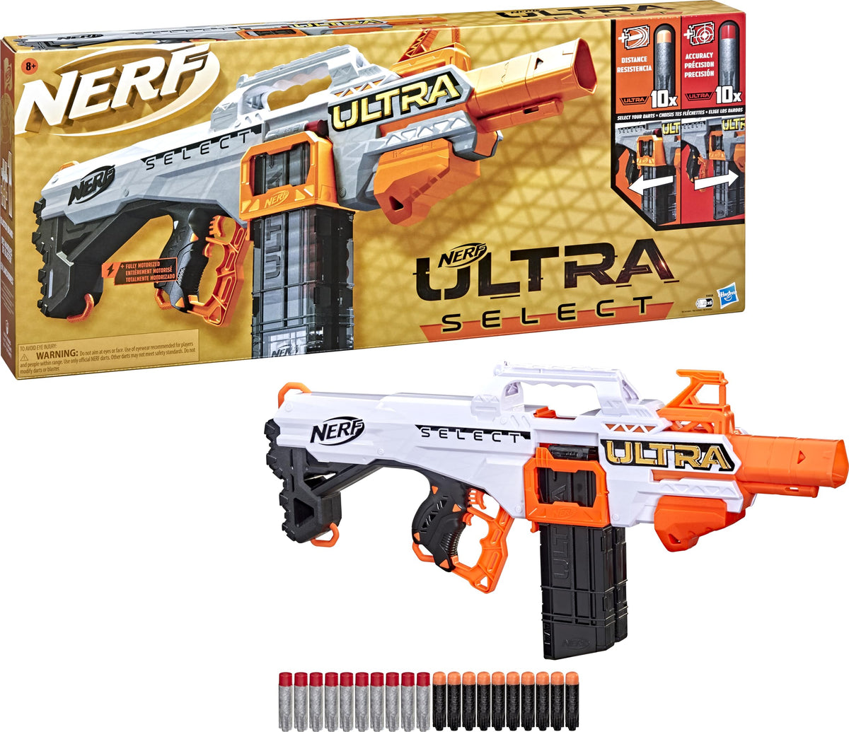 Nerf Ultra Select blaster front view for exciting backyard battles.