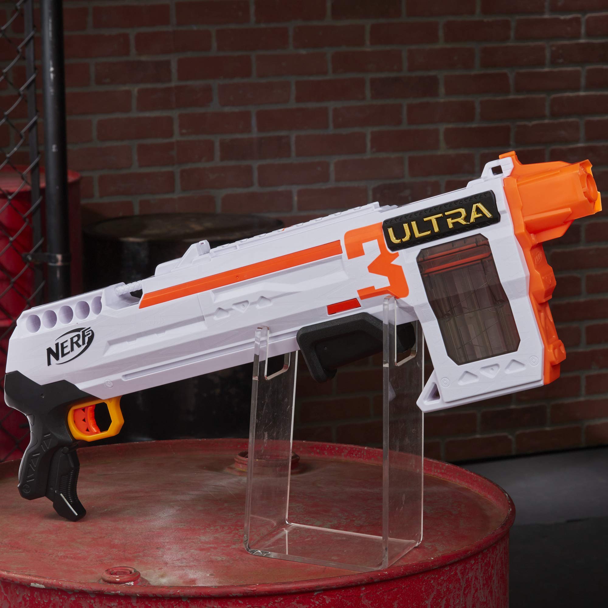 Nerf Ultra Three Blaster on-board storage holds extra darts.