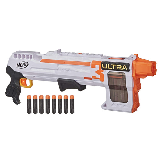 Nerf Ultra Three Blaster pump-action grip ready for rapid shots during play.