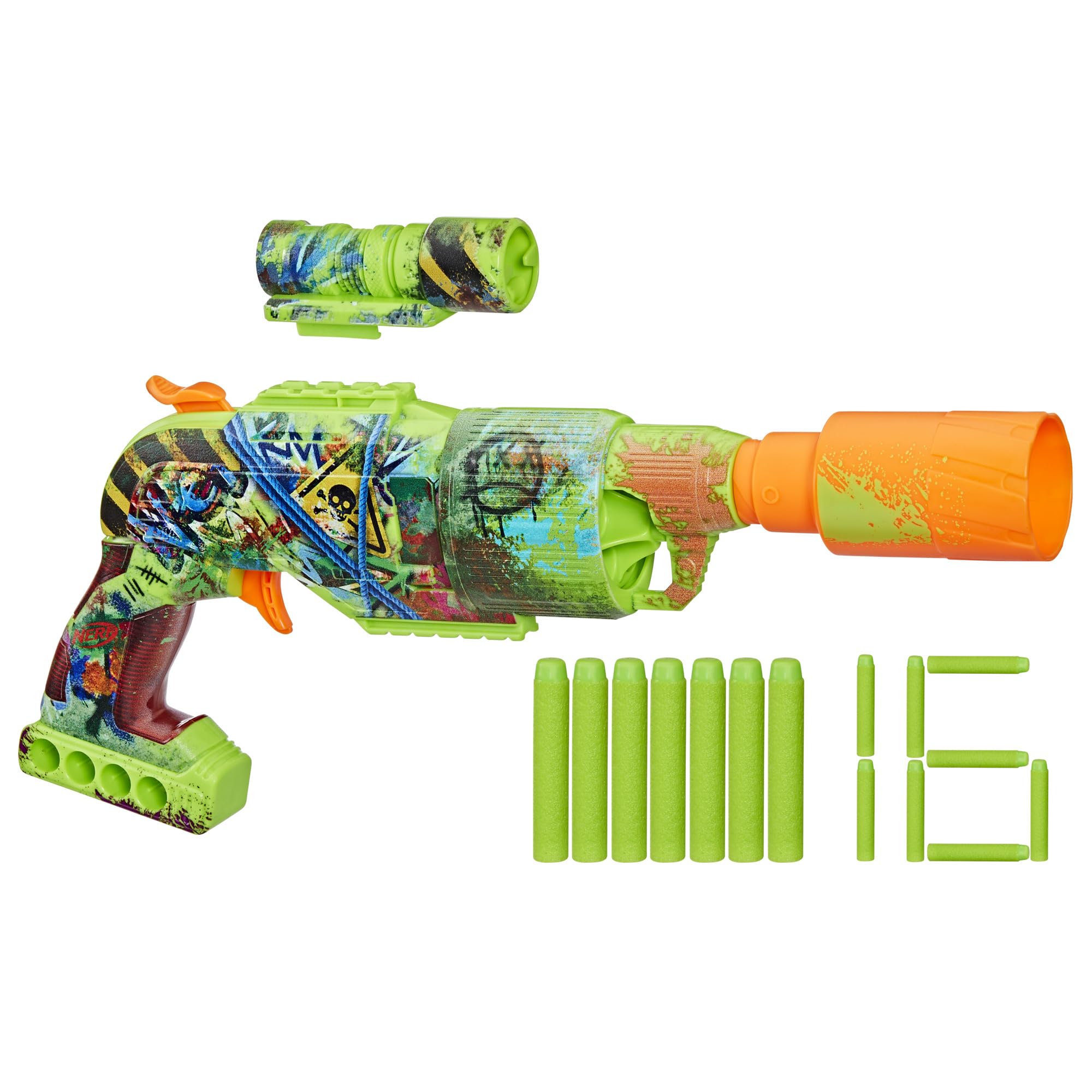 Nerf Zombie Driller front view with bold graffiti for outdoor action.