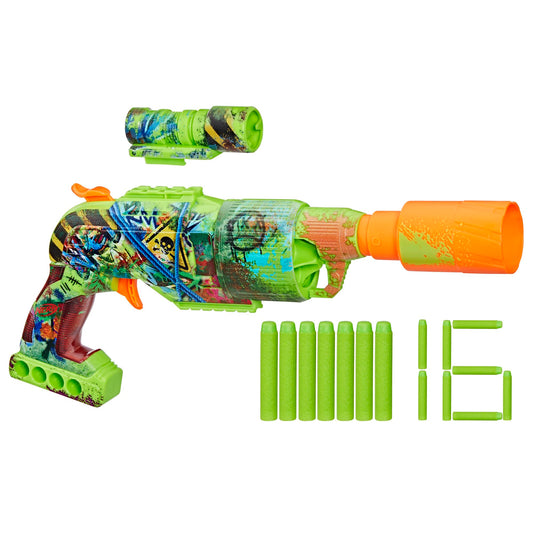 Nerf Zombie Driller front view with bold graffiti for outdoor action.