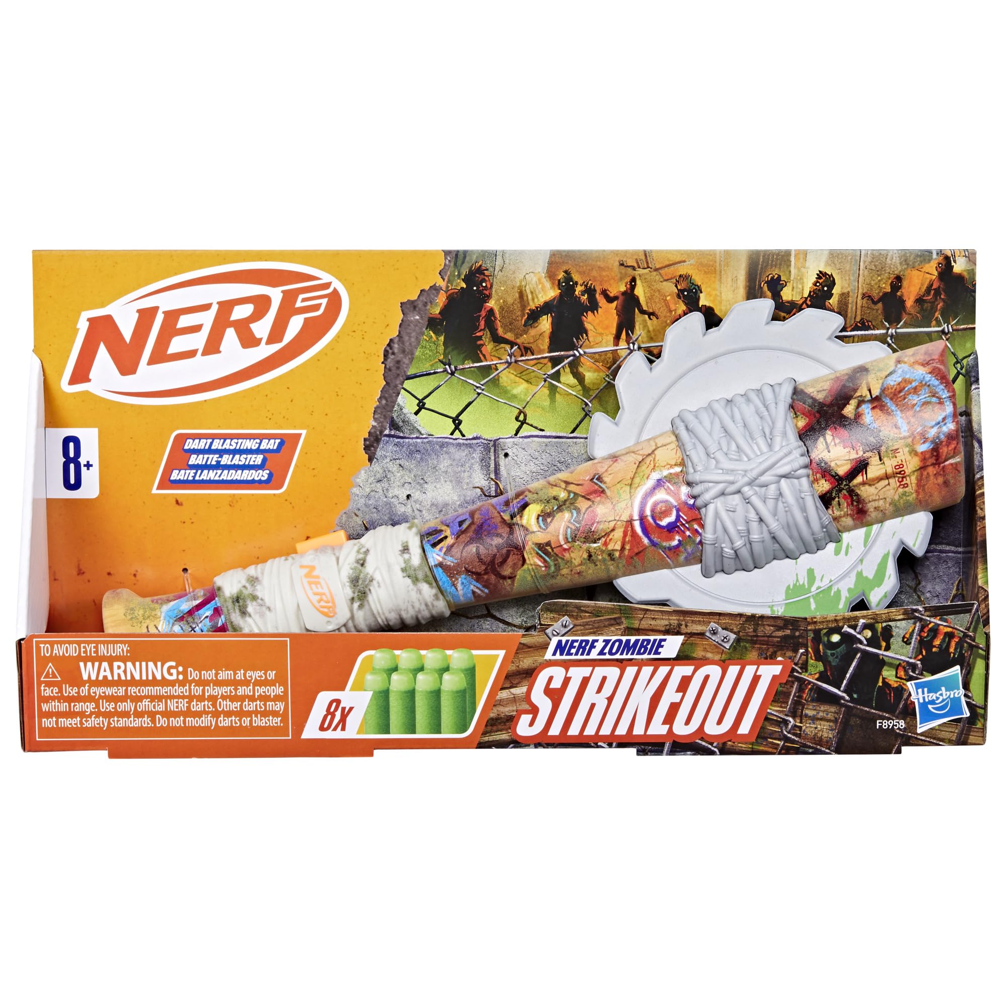 Nerf Zombie Strikeout blaster side graffiti highlights bold zombie aesthetics for immersive play.