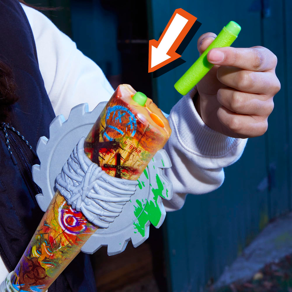 Nerf Zombie Strikeout retracting handle shown during firing for smooth operation.