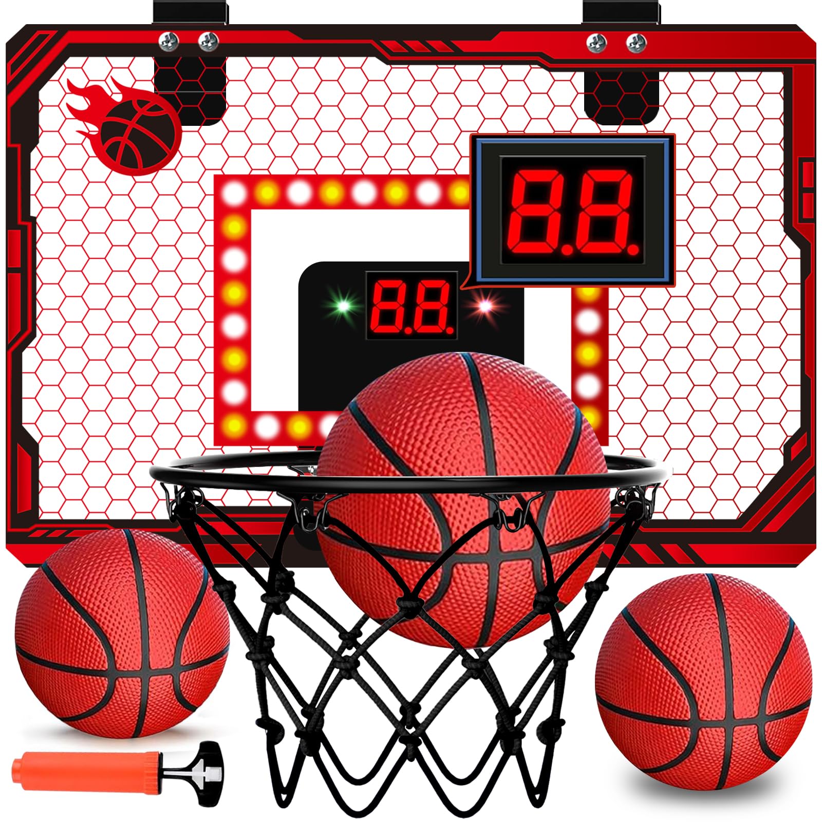 NESAPTO mini basketball hoop on door with LED scoreboard for easy indoor play.