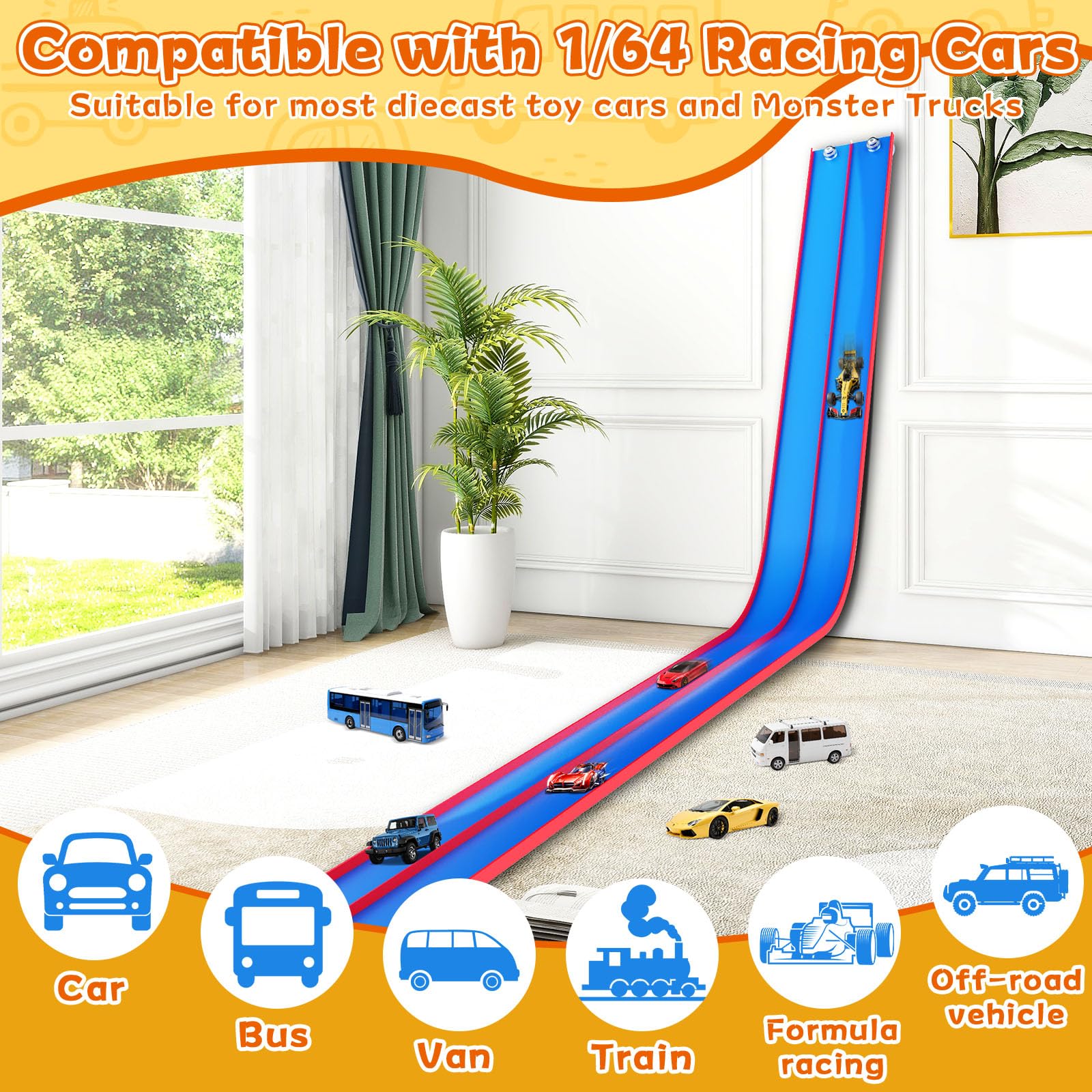 NESTALK race track with suction cups attached to a smooth window for quick setup.